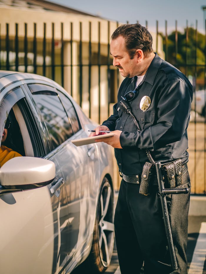 Police Officer Standing Beside the Silver Car